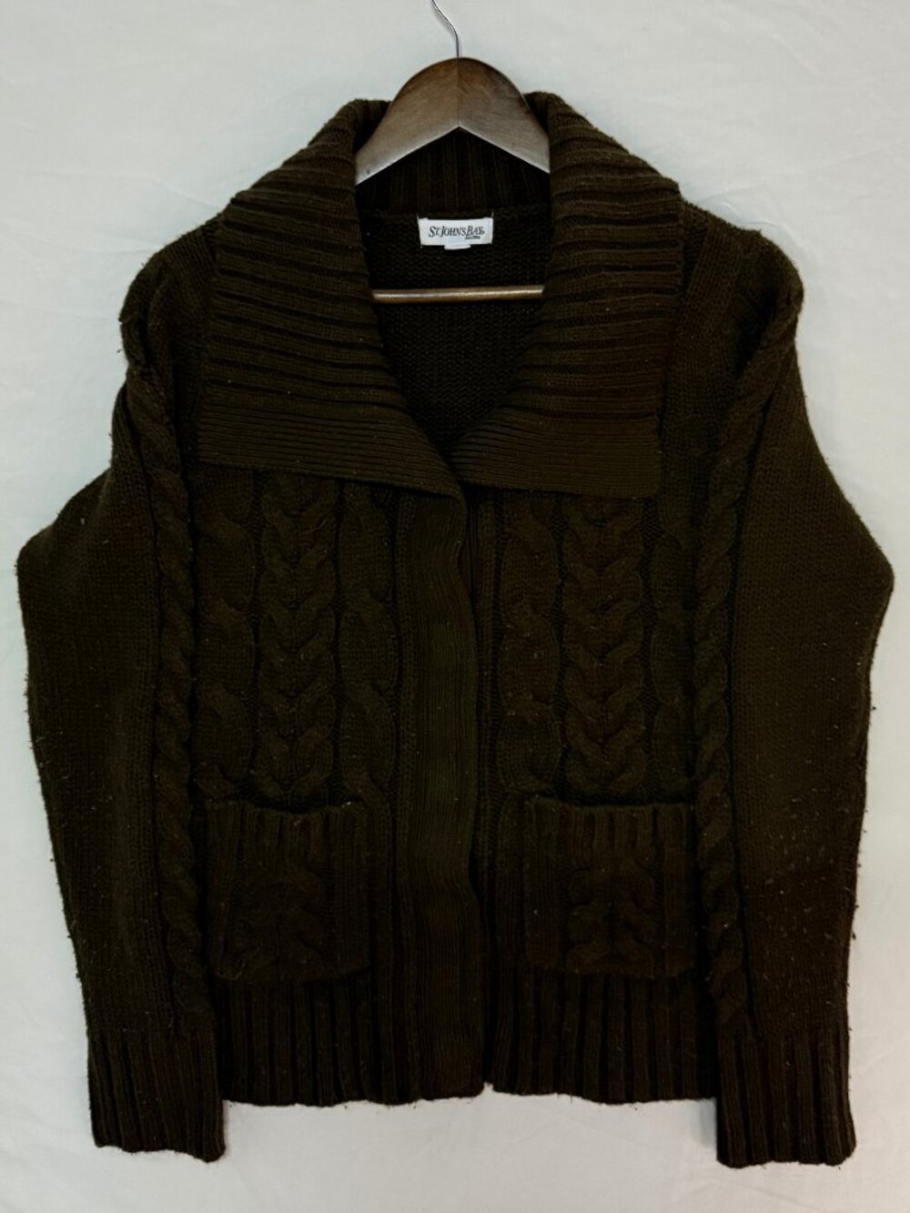St Johns Bay Brown Cable Knit Shawl Collar Cardigan Sweater Womens M